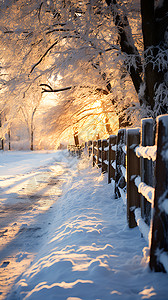 丛林日出山谷雪景的美丽景观背景