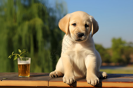 可爱的小狗与啤酒共度夏日图片