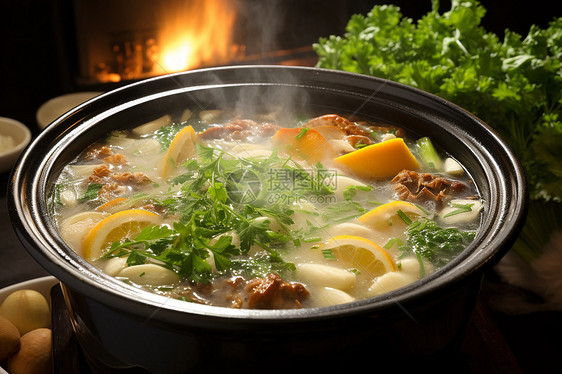 砂锅中营养的蔬菜汤图片