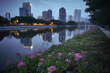 市区的建筑物和水域背景图片