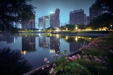 城市中的水域和建筑物图片