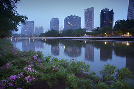 城市中的建筑物和湖泊图片