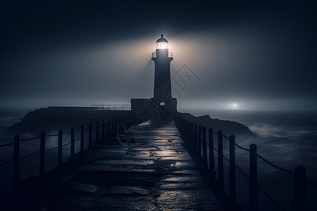 夜晚海边的灯塔背景图片