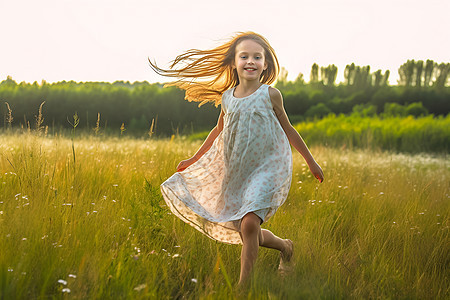 快乐的小女孩在草地上奔跑图片