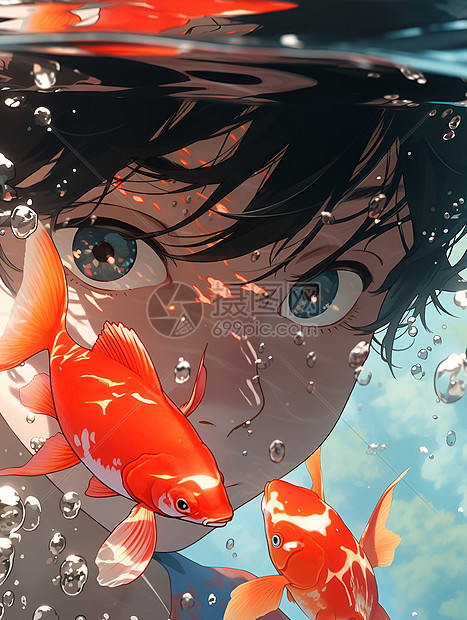 少年与红鱼的唯美插画图片
