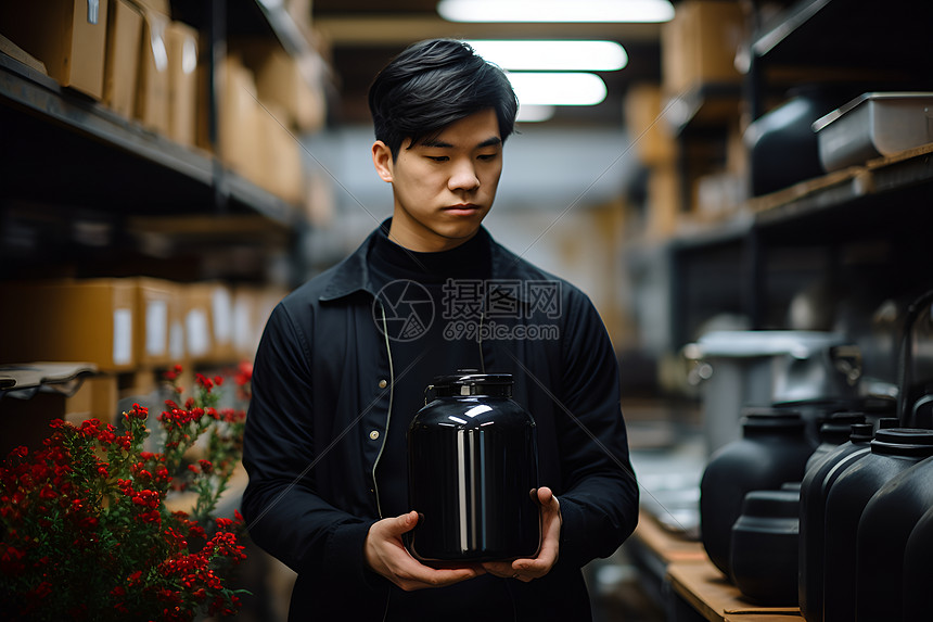 男人穿着黑色衣服拿着一个罐子图片