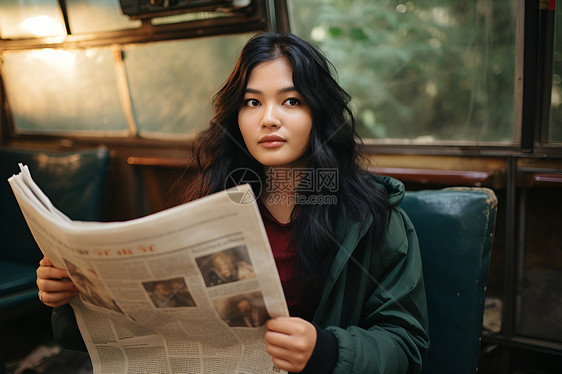 亚洲女子拿着报纸图片
