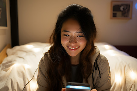 夜晚家里看手机的女孩图片