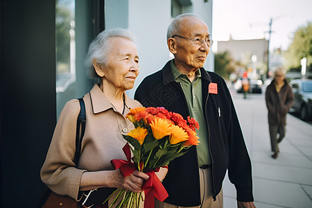 户外手持鲜花的女士图片