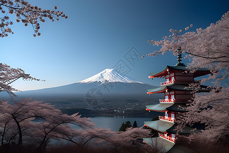 富士山和樱花树背景图片