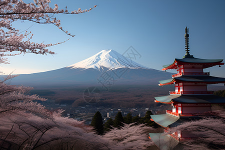 富士山下的樱花树图片