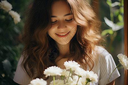 女子手持白色花束图片