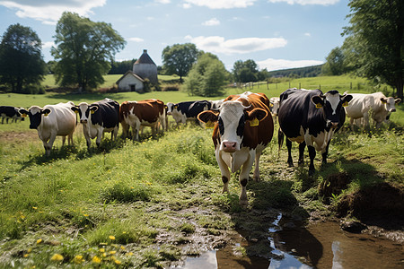 牛群在阳光明媚的田野中图片