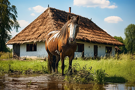 草原上的马和木屋图片
