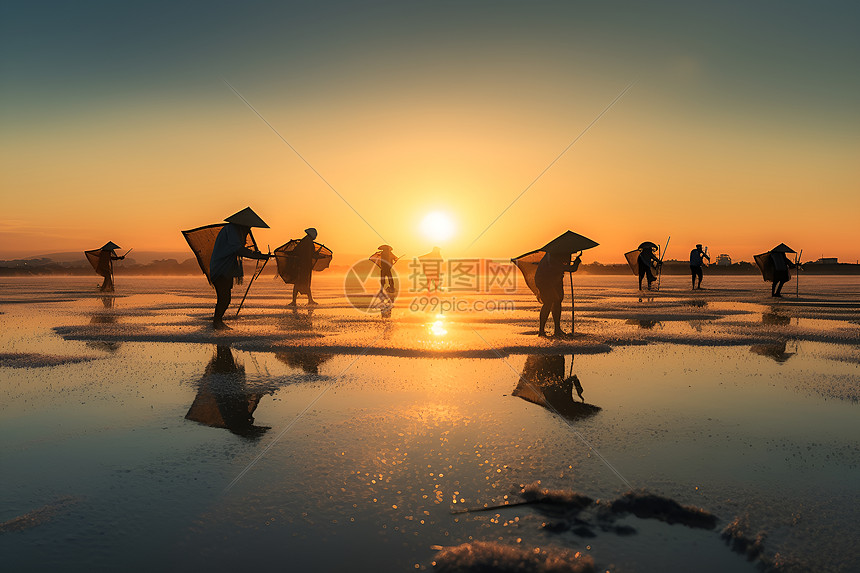夕阳下海滩上的渔民图片