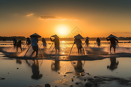 夕阳时海边的渔民图片