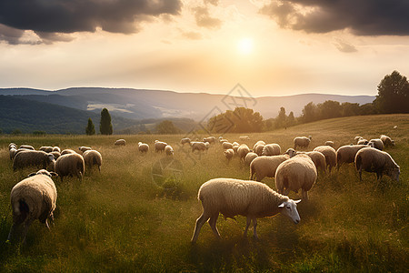 山坡上放牧的羊群图片