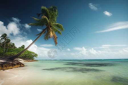 椰树倾斜在沙滩上图片
