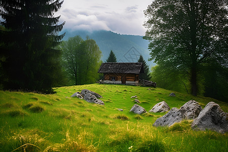 山间的小房屋建筑背景图片