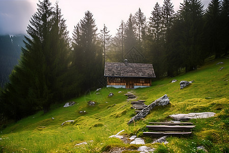山间的小屋建筑背景图片