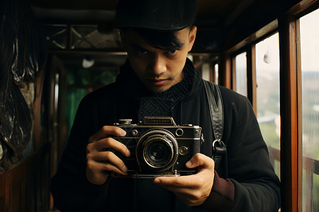 一名男子手持相机背景图片