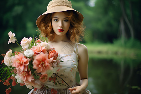 手持花束的女人图片