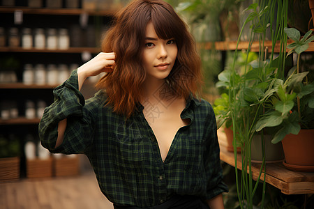 绿植物绿格纹衬衫的女人背景