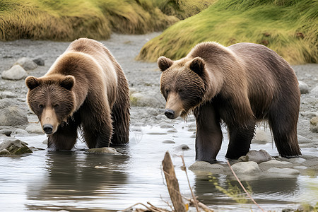 两只棕熊在河流里图片