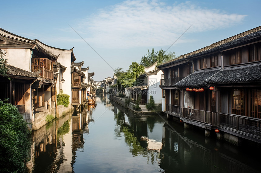 水乡中的房屋建筑图片