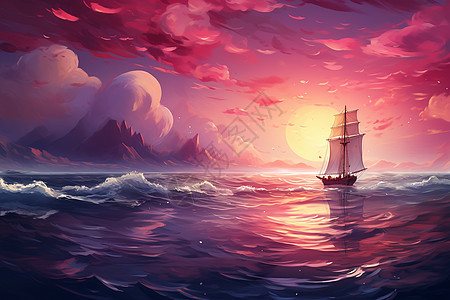夕阳时海面上行驶的船只图片