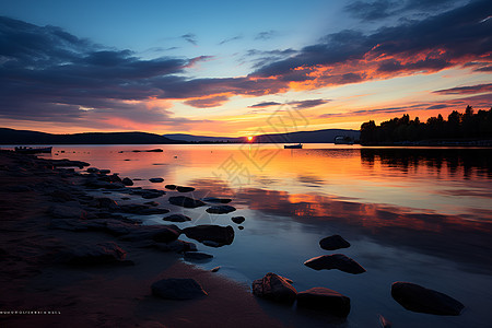 夕阳下的湖泊美景背景图片
