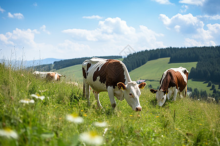 青少儿牛儿在草地吃草背景