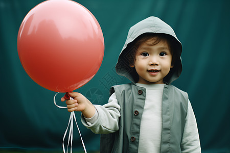 小男孩手握红气球背景图片