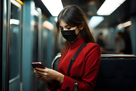 地铁上使用手机的女孩图片