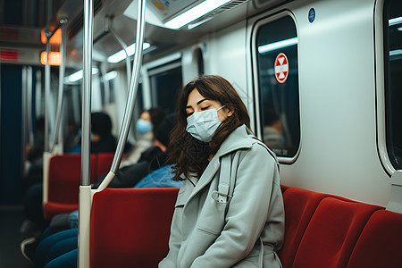 地铁上戴着口罩的女子图片