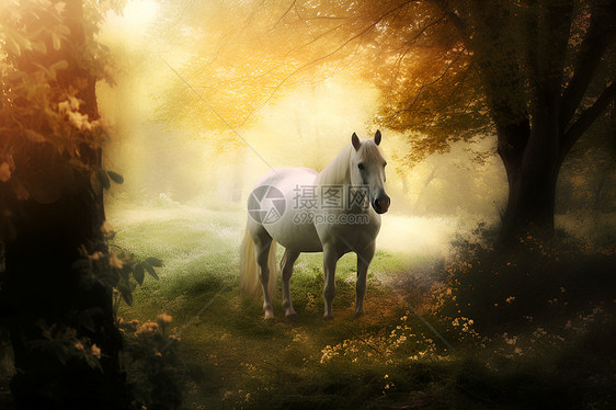 童话仙境草地上的白马图片