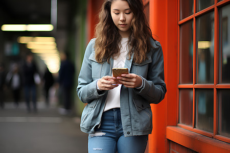 时尚女子看着手机背景图片