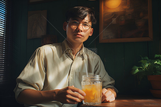 男子手持饮料图片