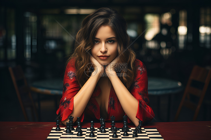 下国际象棋的美丽女子图片