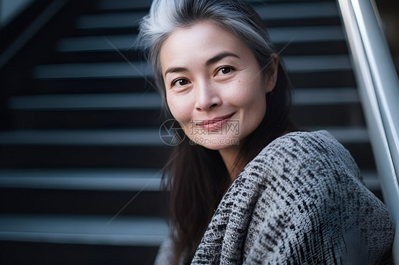 阶梯边微笑的女人图片