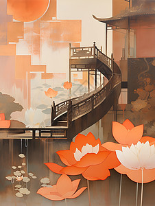 缤纷花园桥与莲花图片