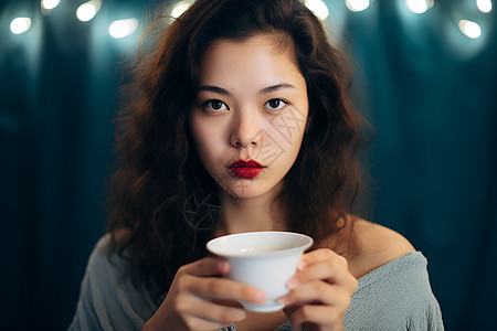 美丽女人拿着白色茶杯背景图片
