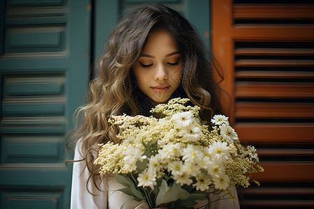 怀揣白色花束的女人图片