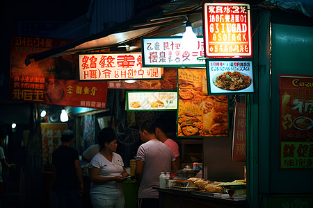 路边吃饭小吃摊位前的人背景