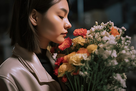 拿着新鲜花束的女子图片