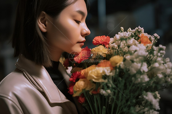 拿着新鲜花束的女子图片