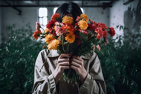 拿着花束的女人图片