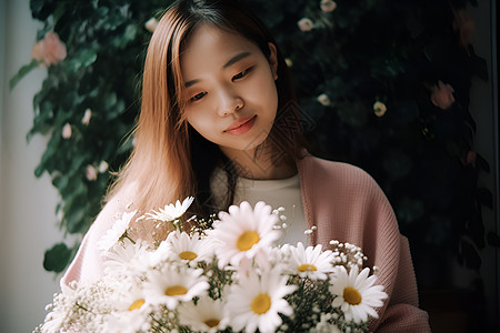 拿着一束白菊花的青年女性背景图片