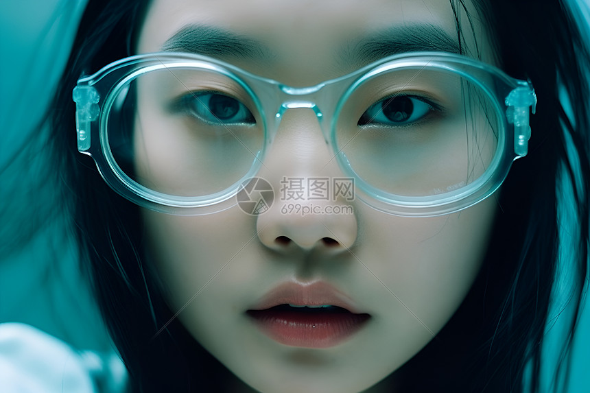 戴浅蓝色塑料眼镜的女孩图片