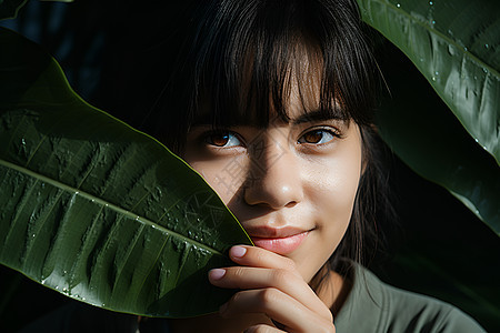 绿叶遮脸的女人图片